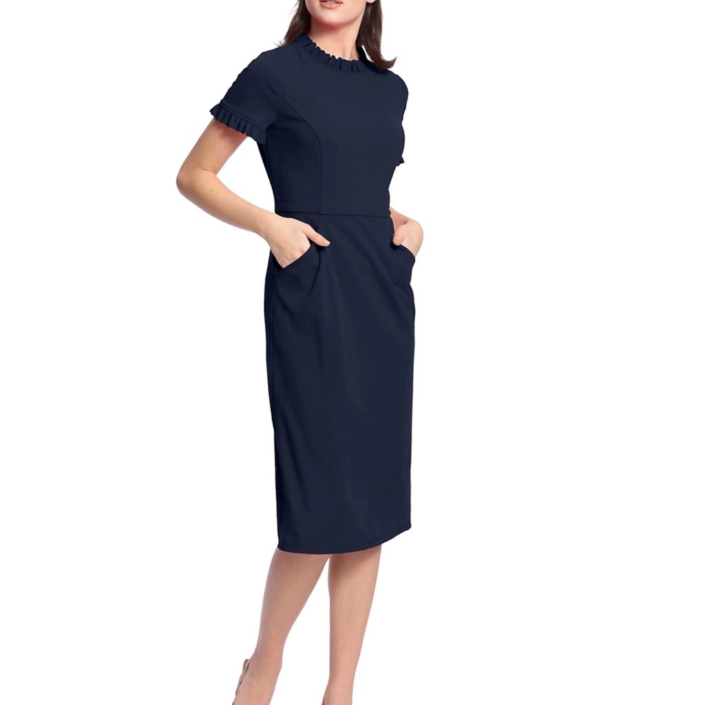 Maggy London Ruffle Short Sleeve Pocket Sheath Dress Office Party Chic 12
